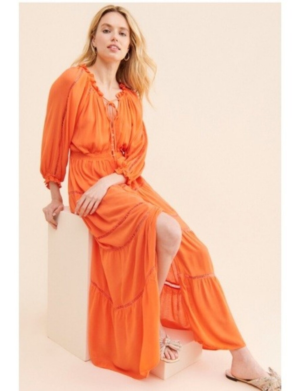 Anthropologie By En Elly Sunset Tiered Maxi Dress Boho Orange Sz L